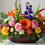 **Floral Design Arrangement:** A vibrant, harmonious floral arrangement featuring a mix of colorful flowers and lush foliage. Focus on balance, proportion, and interesting color contrasts. The arrangement should convey a sense of elegance and beauty. Soft, diffused lighting.