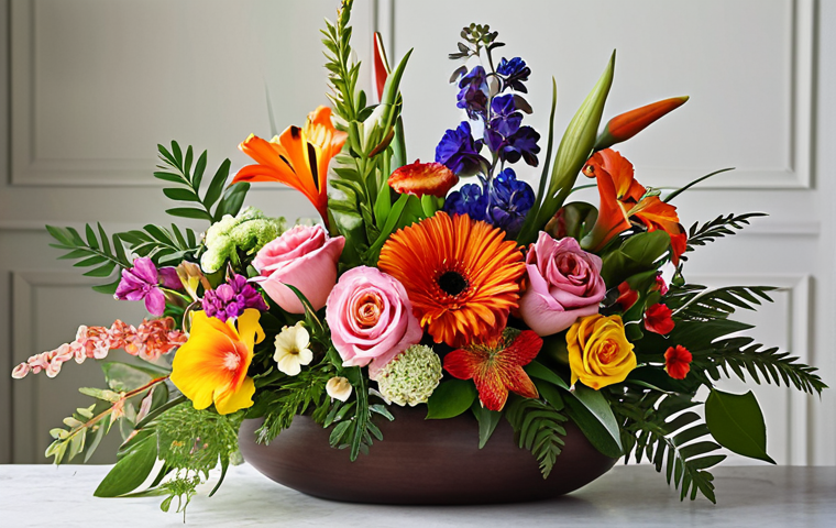**Floral Design Arrangement:** A vibrant, harmonious floral arrangement featuring a mix of colorful flowers and lush foliage. Focus on balance, proportion, and interesting color contrasts. The arrangement should convey a sense of elegance and beauty. Soft, diffused lighting.