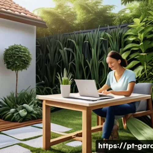 Home 33 원예디자이너 이직 방법 - A professional garden designer working outdoors in a sunny Brazilian backyard, surrounded by a varie...