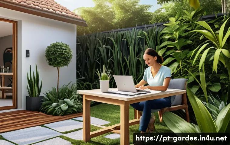 원예디자이너 이직 방법 - A professional garden designer working outdoors in a sunny Brazilian backyard, surrounded by a varie...