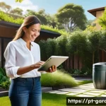 Home 20 원예디자이너 자격증의 중요성 - A professional landscape designer consulting with clients outdoors, showcasing detailed garden bluep...