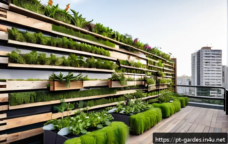 원예디자이너 현업에서의 역할 - A compact urban rooftop garden in São Paulo featuring vertical gardening on walls with lush green na...