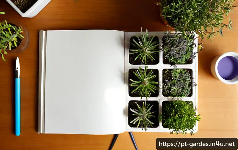 원예디자이너 자격증 학습자료 모음 - Photorealistic overhead view of a Portuguese horticultural design student’s organized study desk, op...