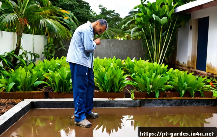 Home 17 원예디자이너 업무에서 발생할 수 있는 문제점 - Photorealistic landscape designer in a Brazilian urban backyard examining wilted ornamental plants b...